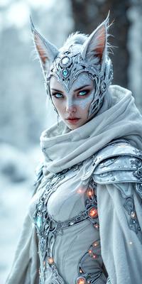The primary subject of the image is a woman dressed in a white costume, wearing a white headpiece and a white scarf. She is standing in a snowy environment, which serves as the setting for the scene. The visual style of the image is a combination of photo and digital art, creating a unique and intricate design. The colors and mood of the image are predominantly white, giving it a clean and serene atmosphere.
